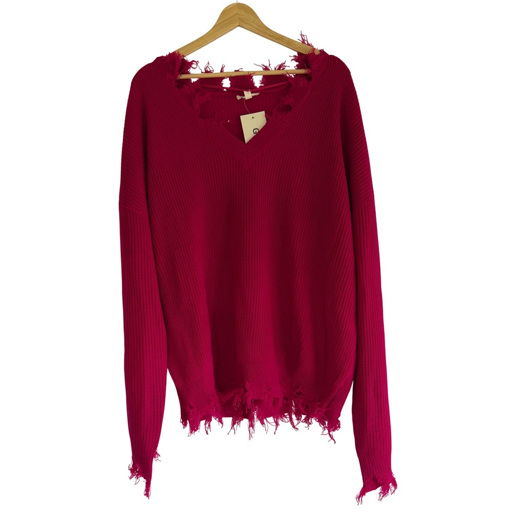 GeeGee Womens Distressed V-Neck Sweater Magenta Pink Frayed Knit S1121PL 2XL NEW